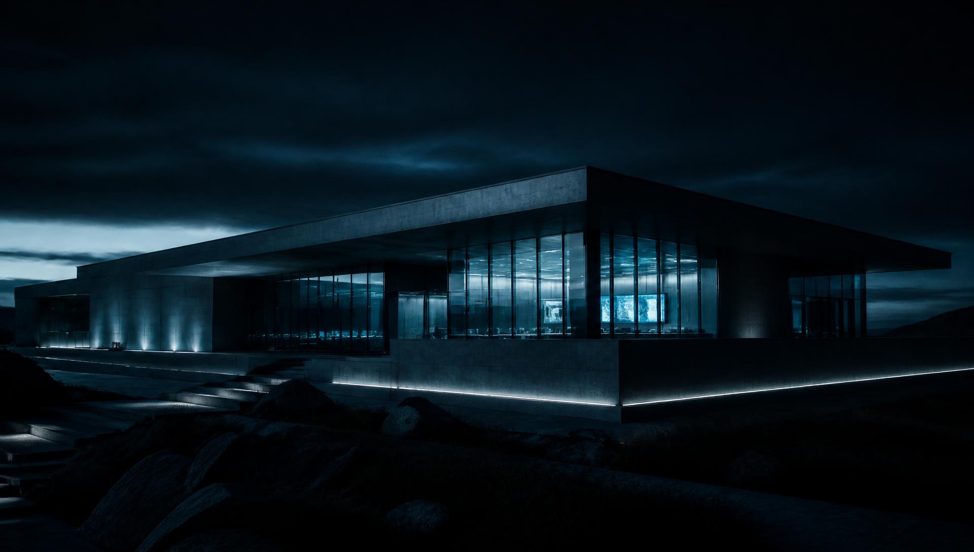 A low, wide glass-and-concrete security operations facility at night, cold blue interior light behind its curtain walls