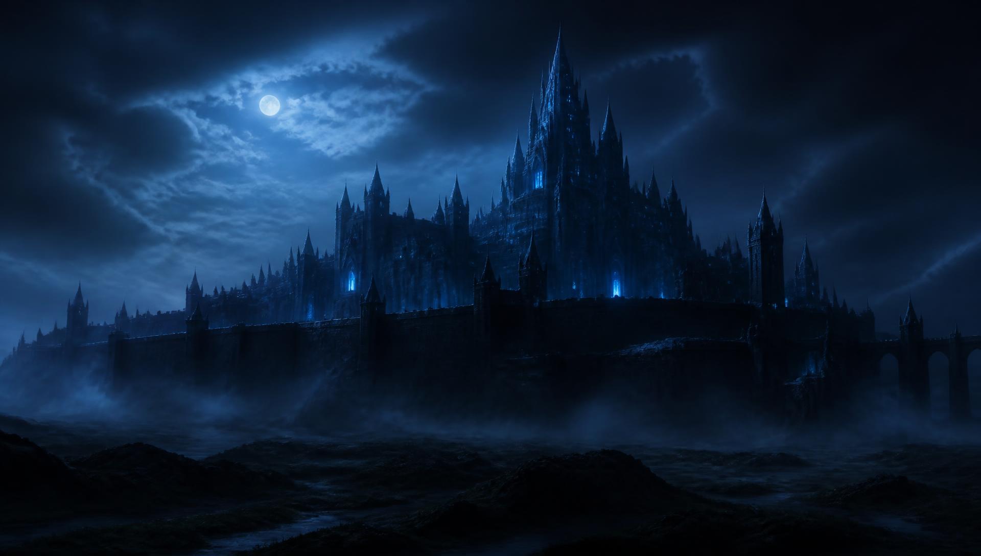 A distant stone fortress under moonlight, ground fog drifting across the plain