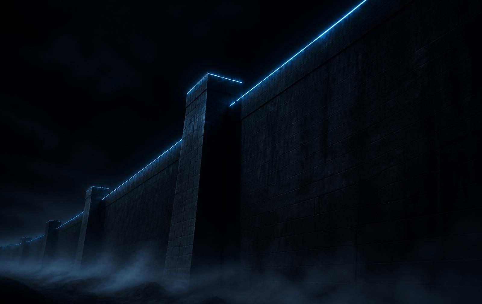 A monumental fortress wall at night, a single line of cold blue light tracing the parapet